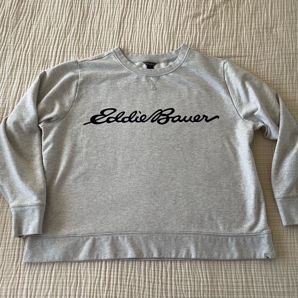 Eddie Bauer light grey sweatshirt.
